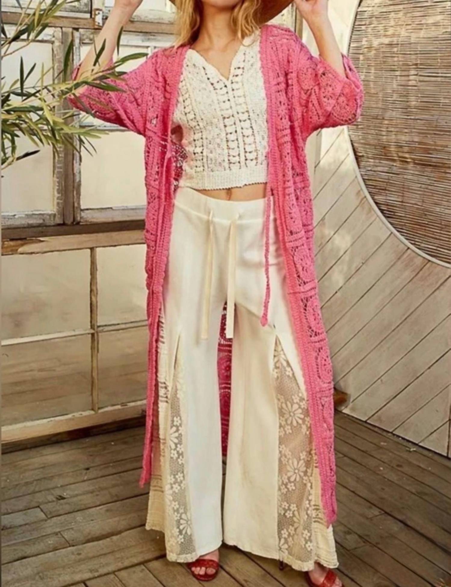 POL Crochet Duster Cardigan in pink - women's cardigan - detail view