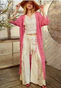 POL Crochet Duster Cardigan in pink - women's cardigan - alternate view