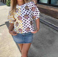 Queen Of Sparkles - Lsu Mascot Polka Dot Colorblock Button Up Top