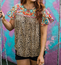 Layerz Clothing - Floral Embroidered Leopard Top