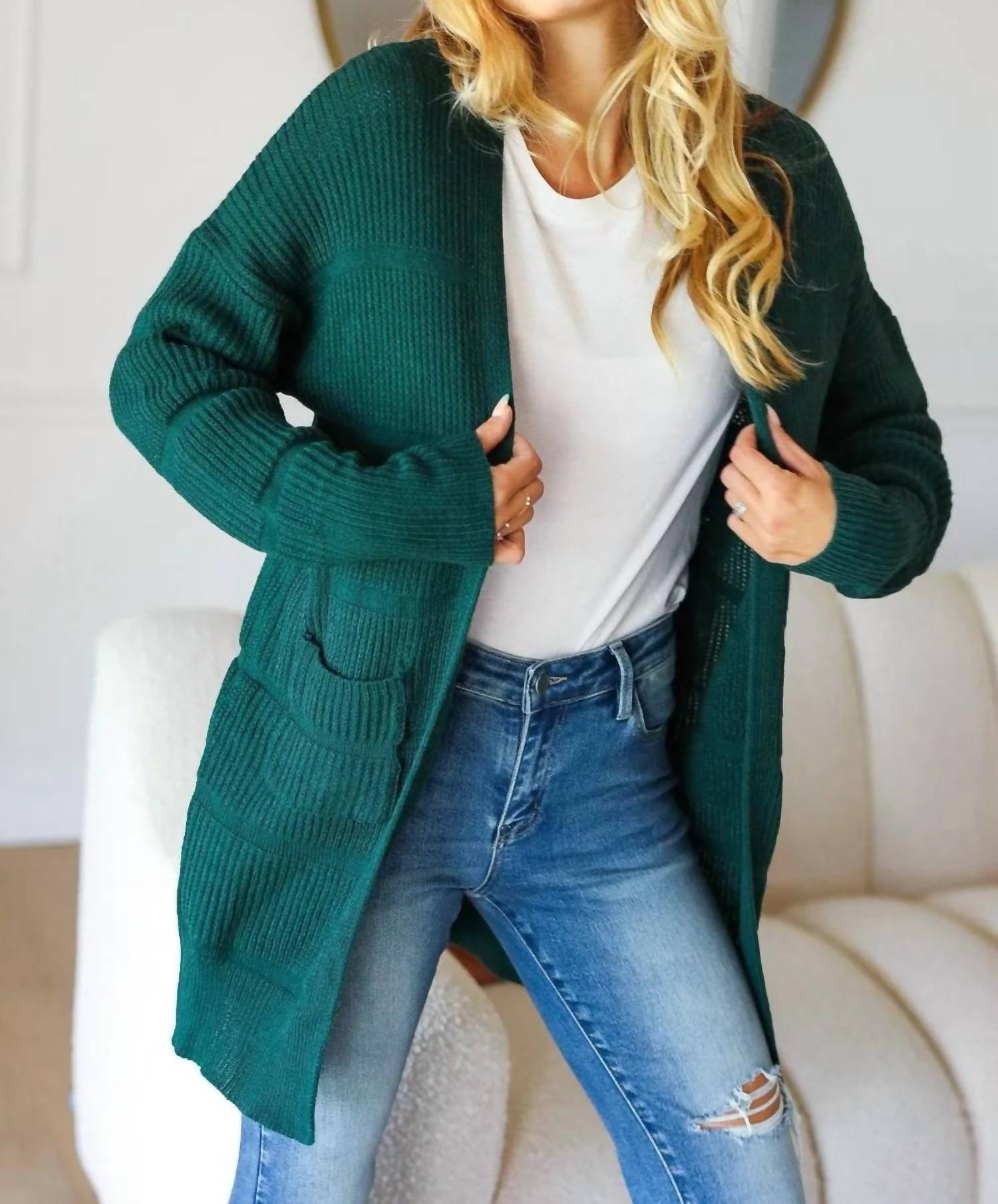 Haptics Stripe Textured Open Cardigan With Pockets in green - women's cardigan - view 4