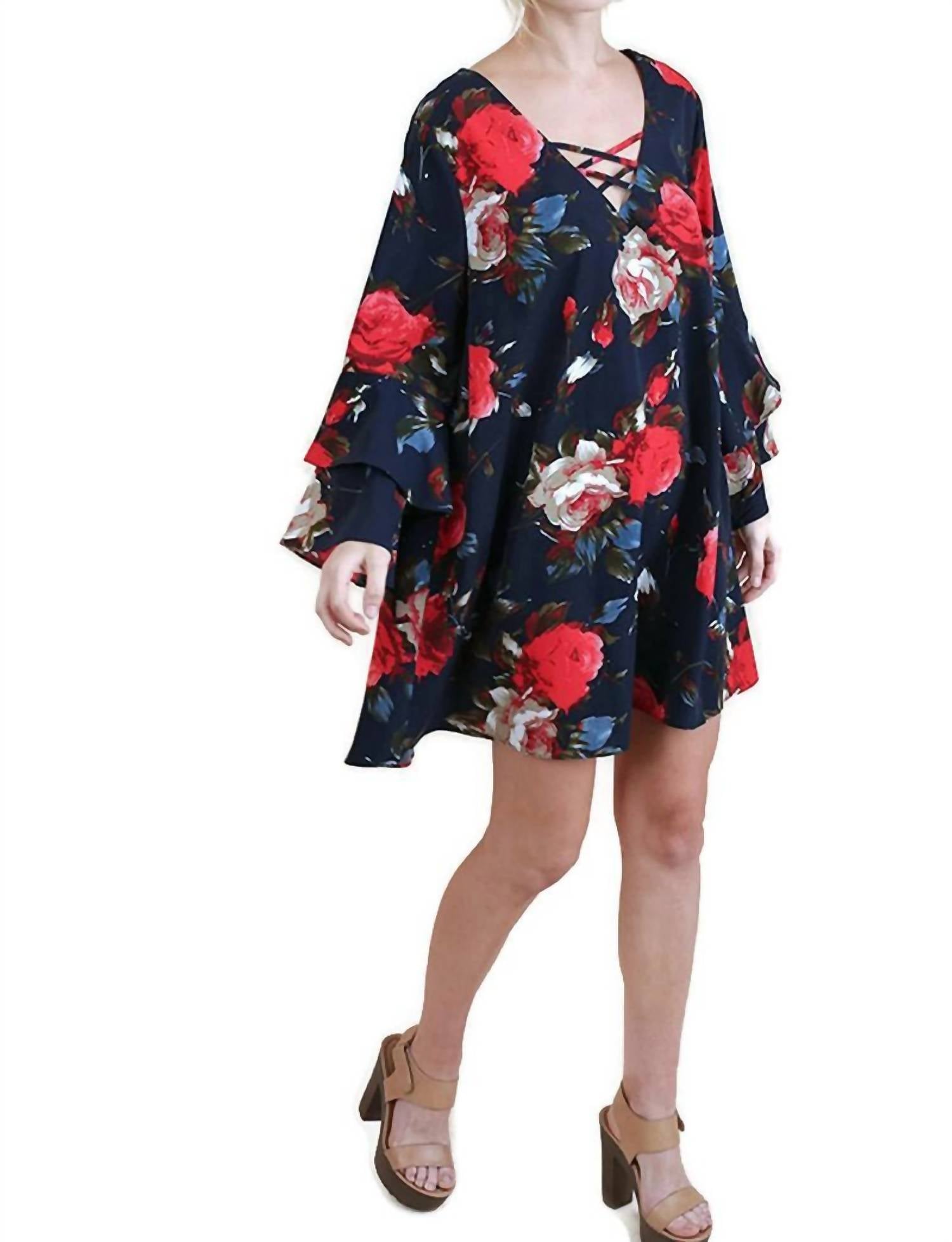 Umgee - Criss Cross Layered Ruffle Sleeve Floral Dress
