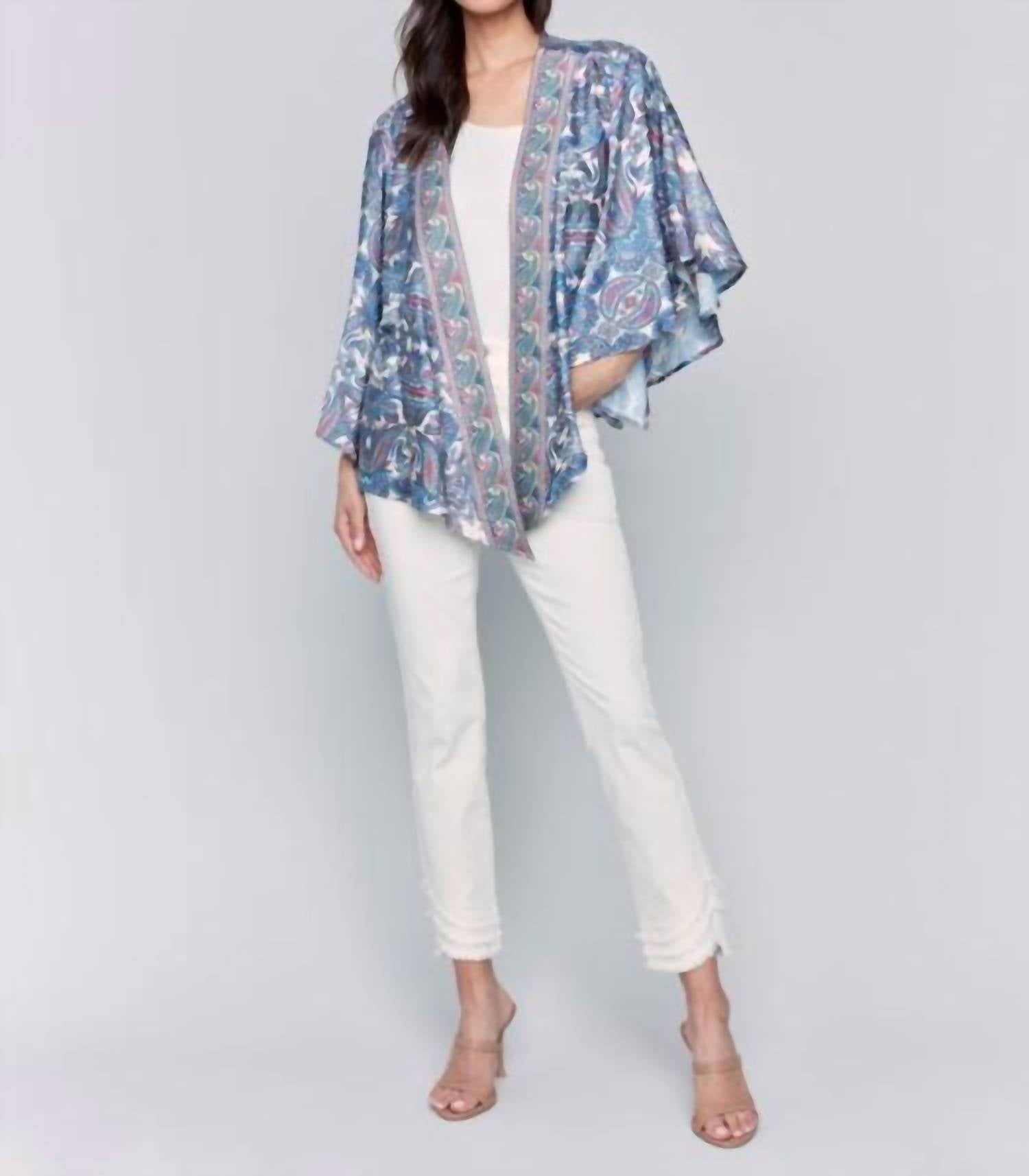 CHARLIE B Satin Kimono in blue - women's sweater - view 5