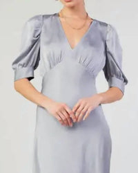 current air V-neck Long Dress With Puff Sleeves in silver - women's dress - detail view