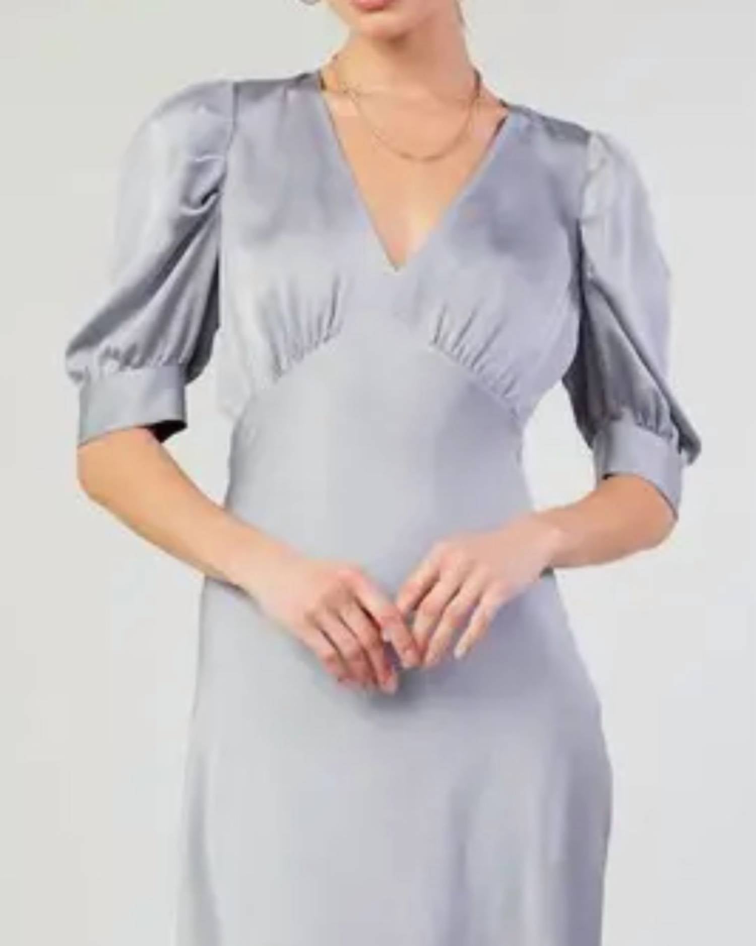 current air V-neck Long Dress With Puff Sleeves in silver - women's dress - detail view