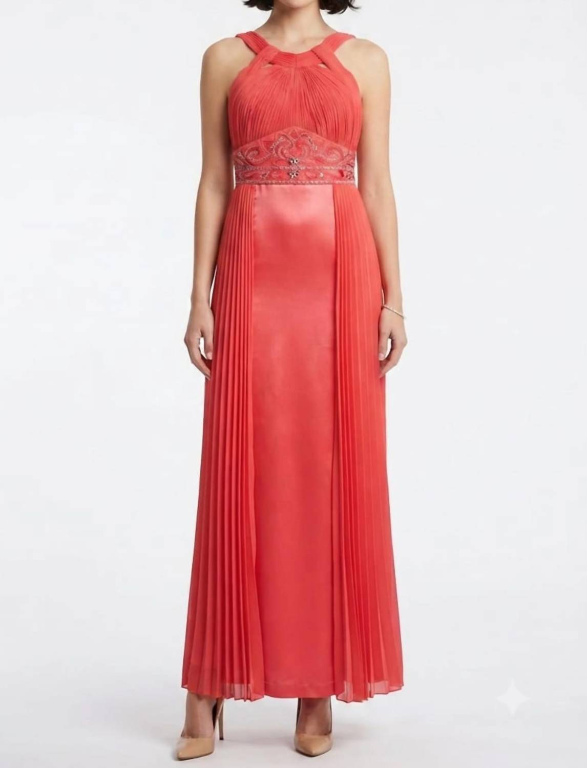 Sue Wong - Halter-Style Beaded Waist Accordion Dress