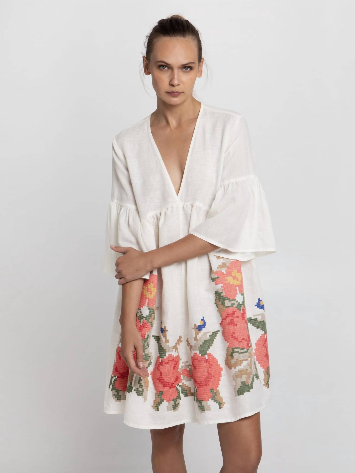 Greek Archaic Kori - Rose Embroidered Linen Mini Dress