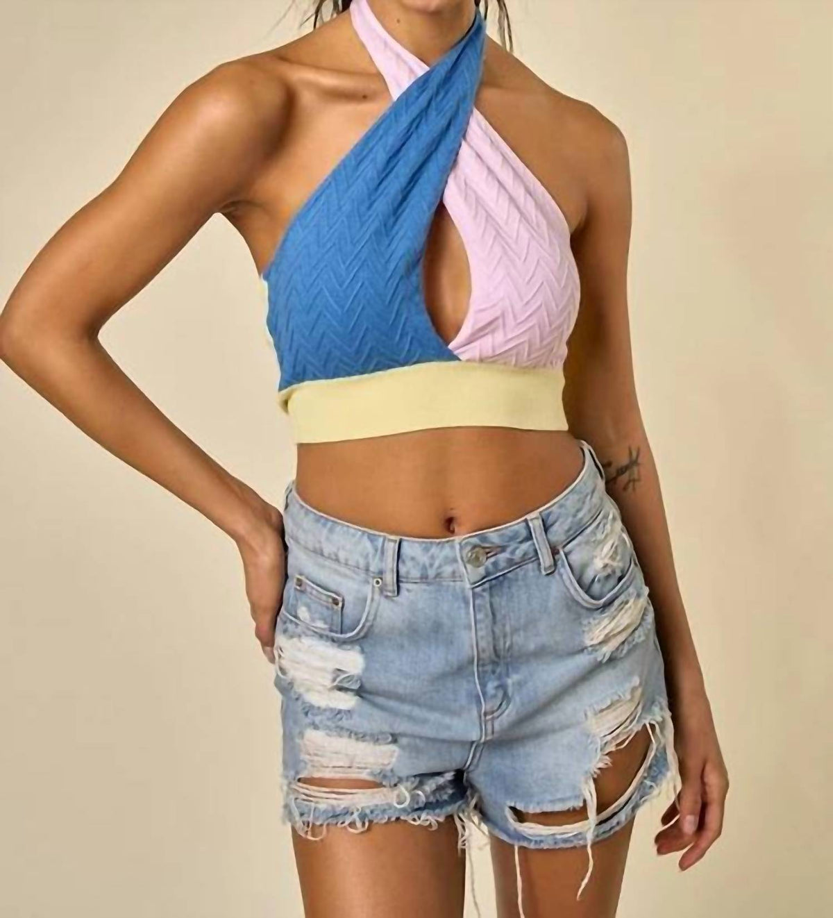 Blue Blush - Color Block Halter Sweater Top