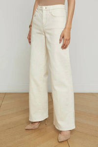 L'Agence Alicent High Rise Sneaker Flare Jeans in macadamia - women's jeans - detail view