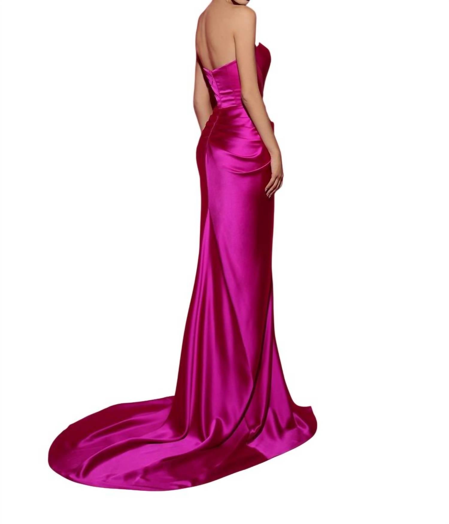 Tarik Ediz Plunging Sweetheart Satin Evening Gown in fuchsia - women's dress - detail view