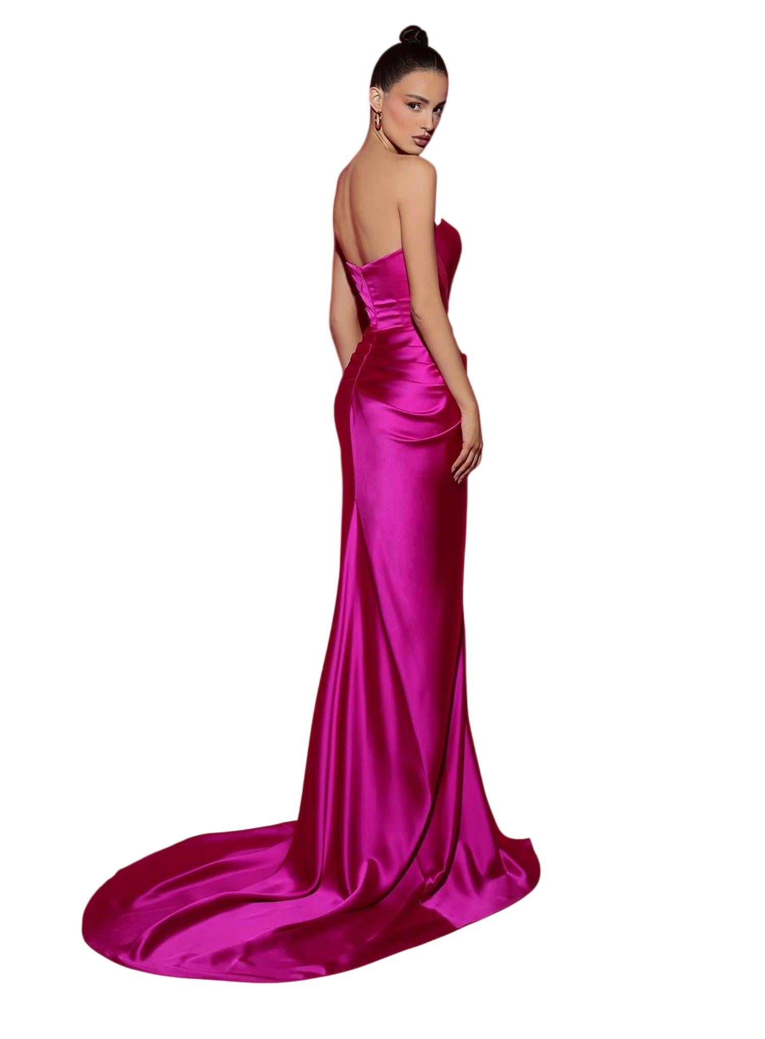 Tarik Ediz Plunging Sweetheart Satin Evening Gown in fuchsia - women's dress - alternate view
