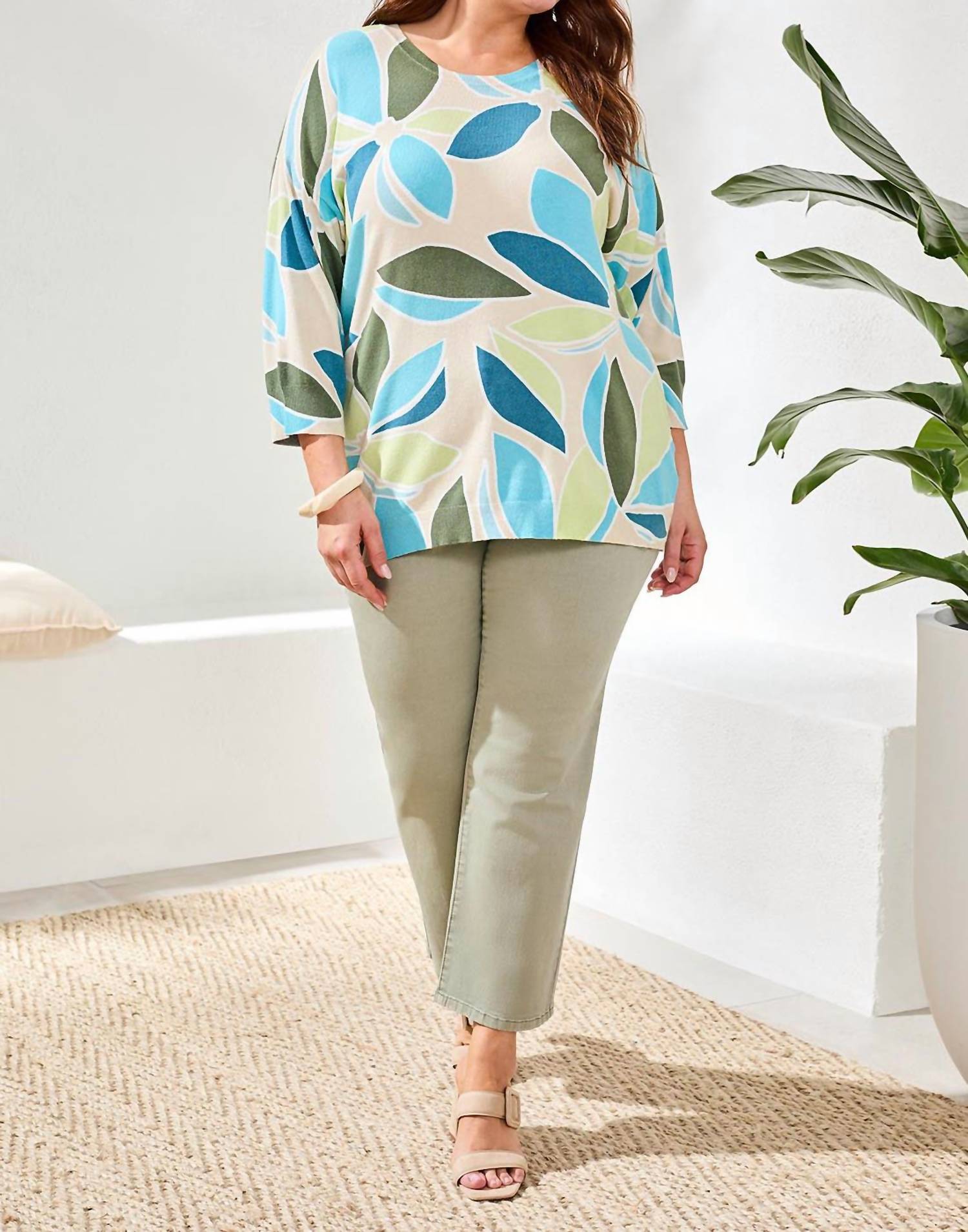 TRIBAL Printed Three-quarter Sleeve Crew Neck Sweater in aqua sky - women's sweater