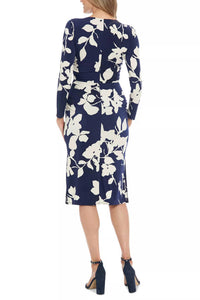 London Times - Ruched Side Slit Midi Sheath Dress