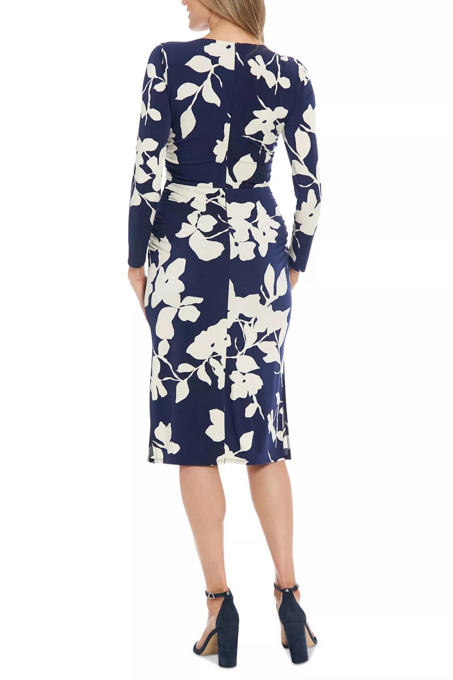 London Times - Ruched Side Slit Midi Sheath Dress