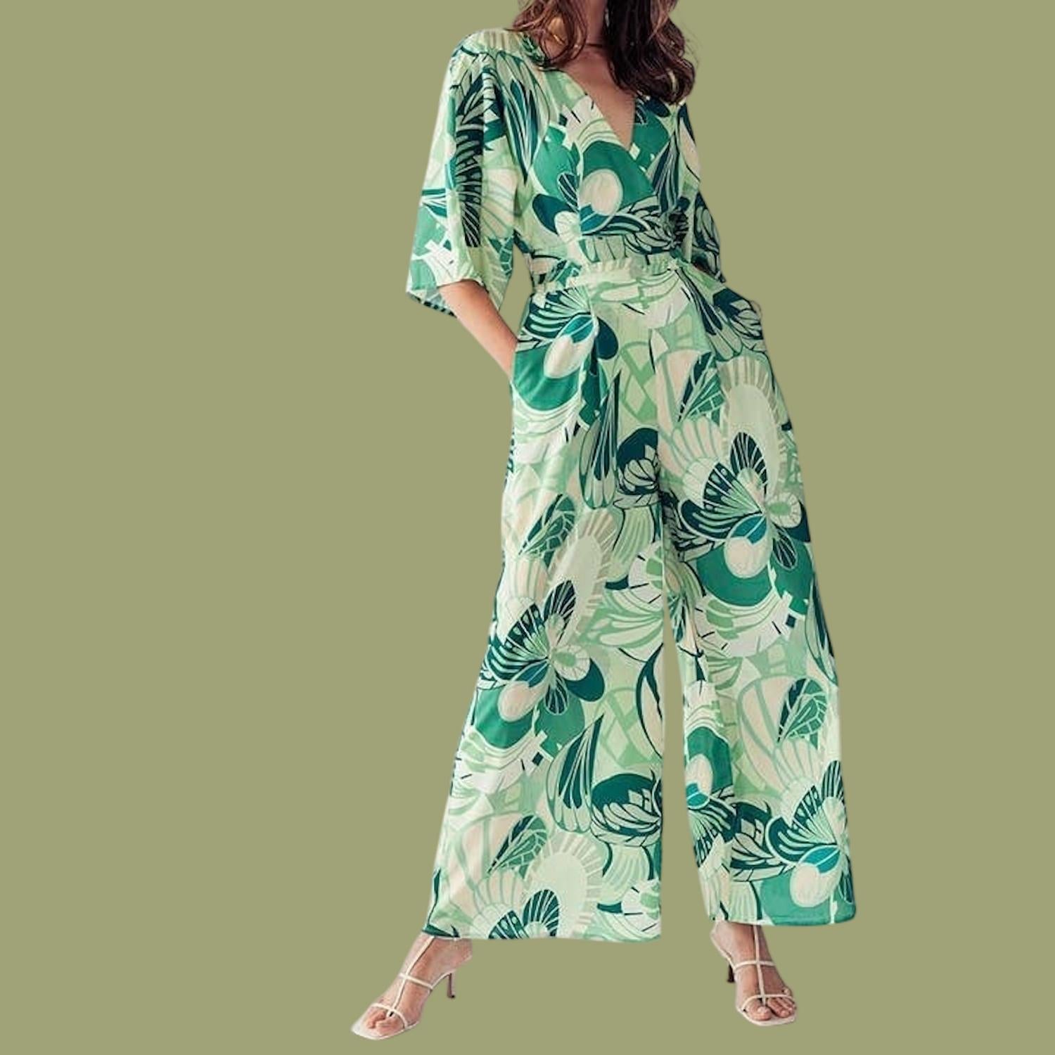 Big Hit Fashion - Elsie Open Back V-neck Tie Floral Jumpsuit