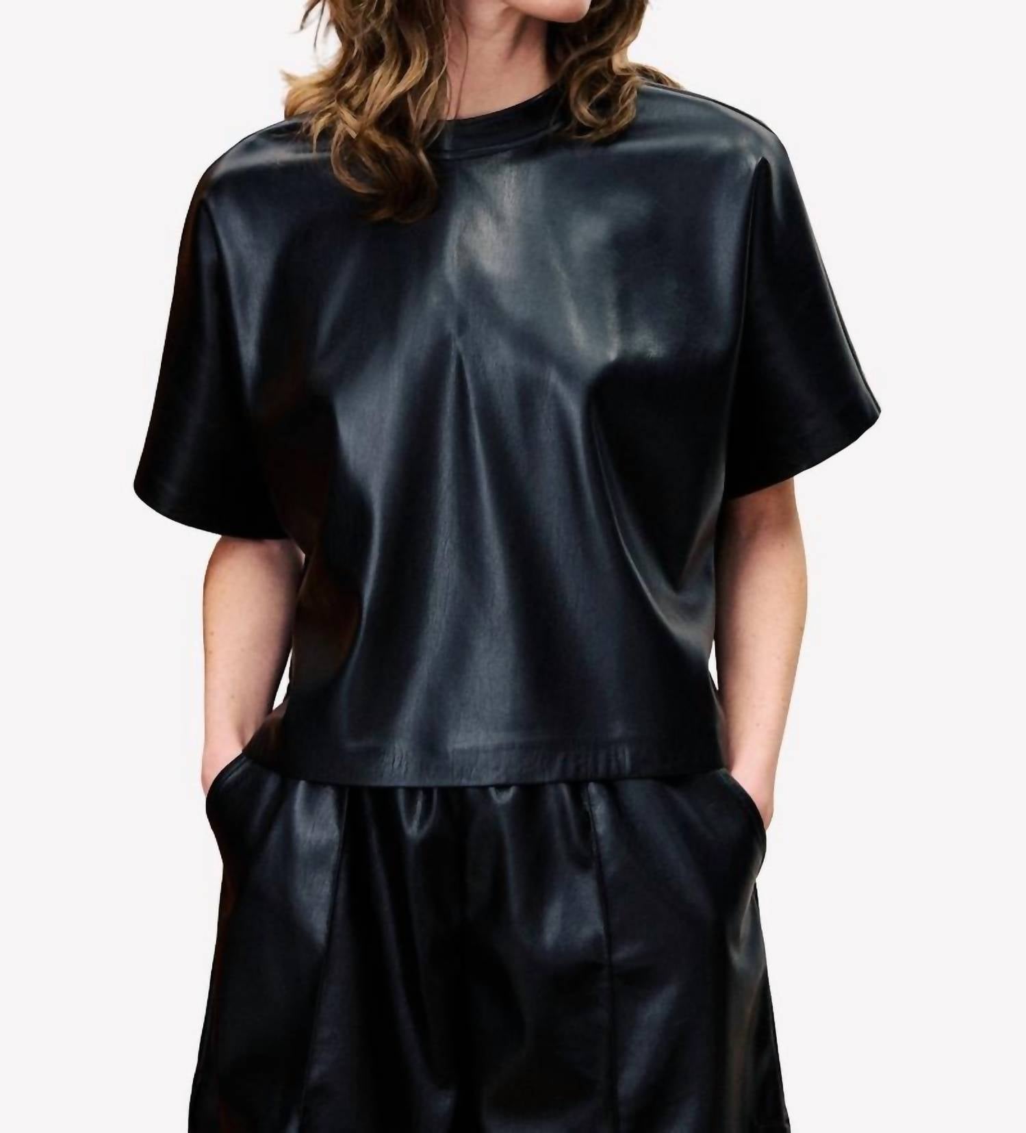 FRNCH Bazin Faux Leather Top in noir - women's blouse - view 4