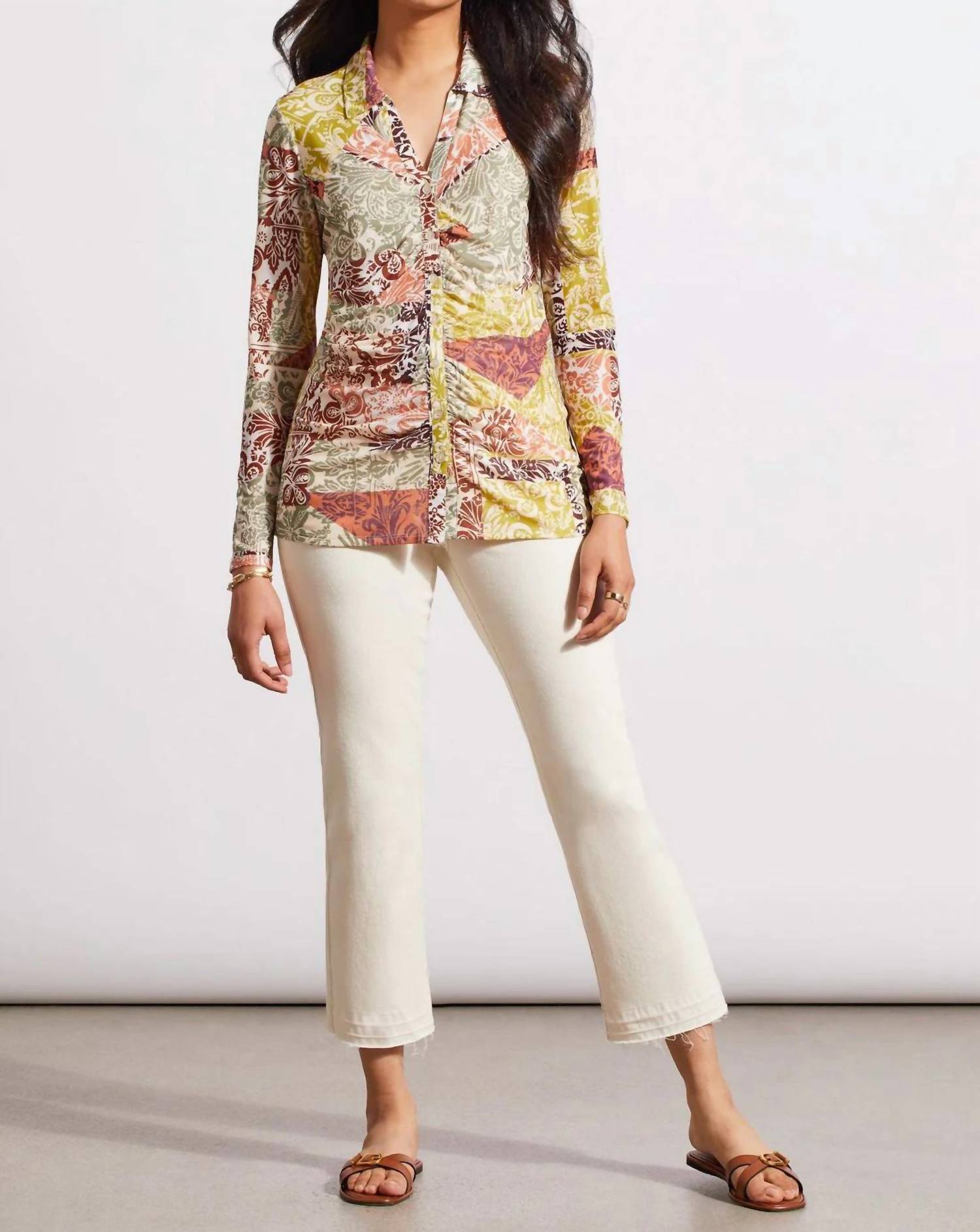 TRIBAL Verity V-neck Collared Long Sleeve Top in cactus - women's blouse