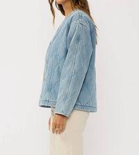 LOVESTITCH Quilted Denim Jacket With Pockets in blue - women's jacket - detail view
