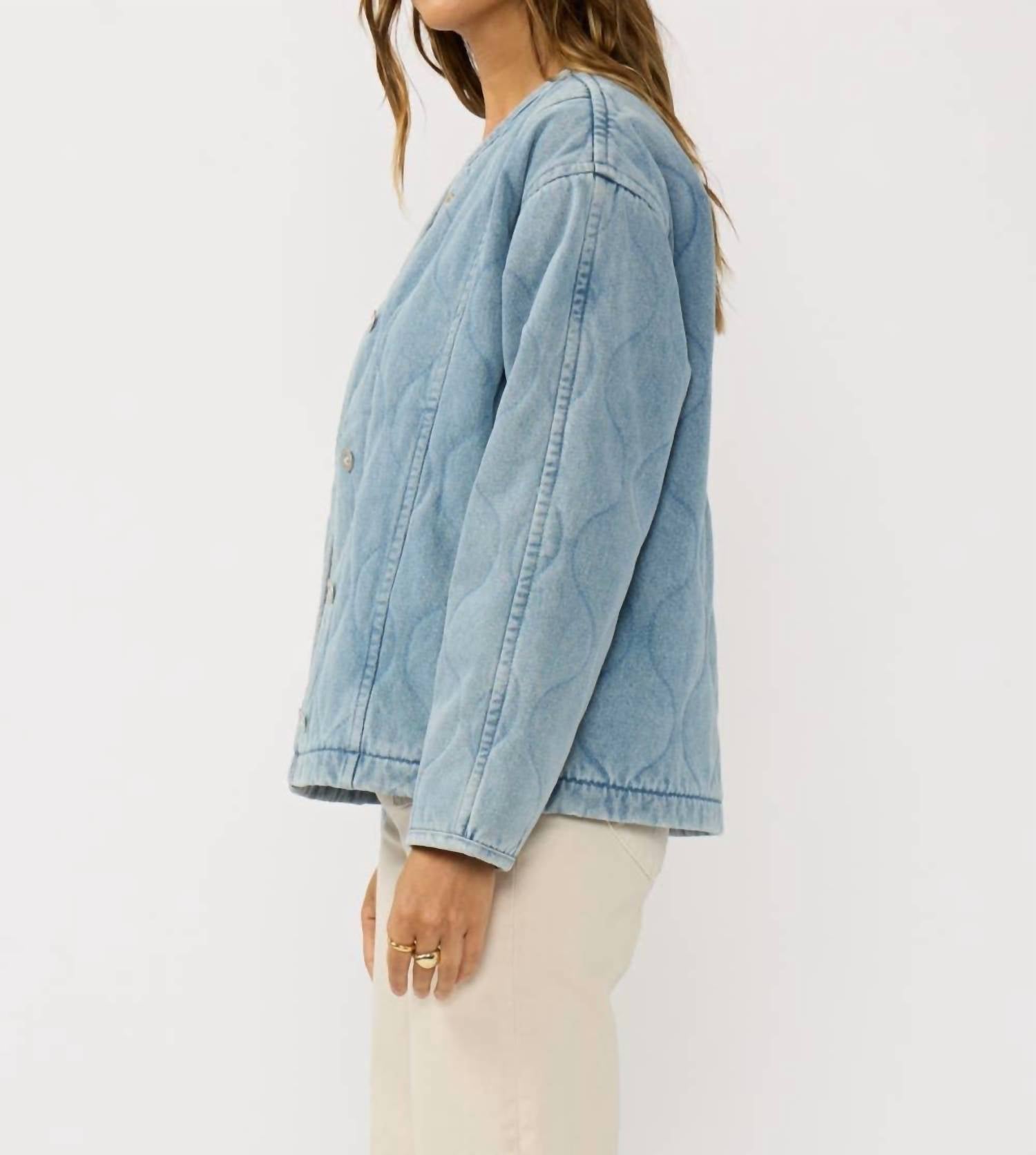 LOVESTITCH Quilted Denim Jacket With Pockets in blue - women's jacket - detail view