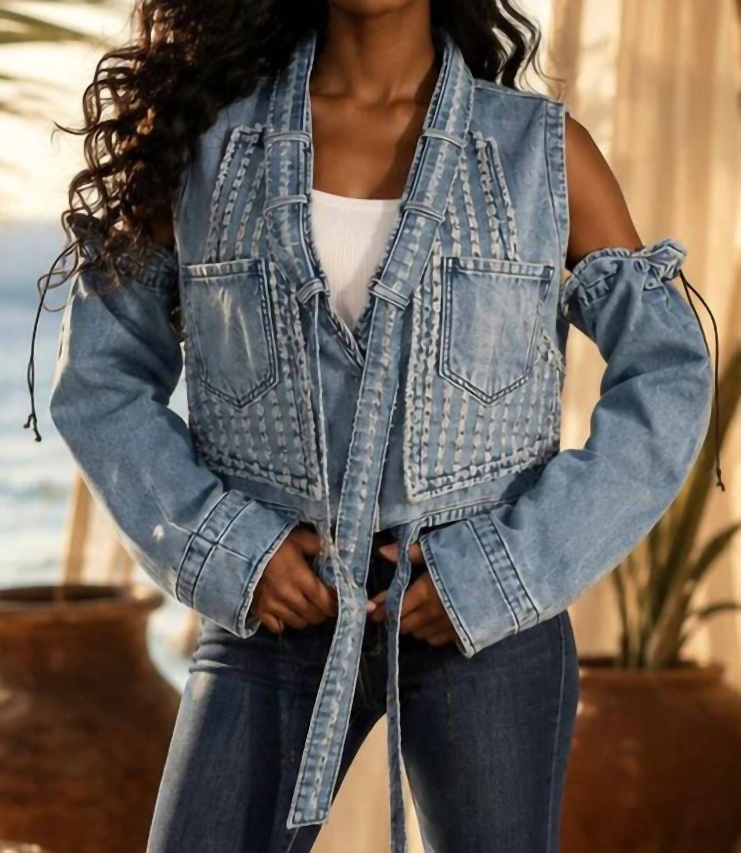 Surelymine - Removable Sleeves Denim Vest Denim Jacket