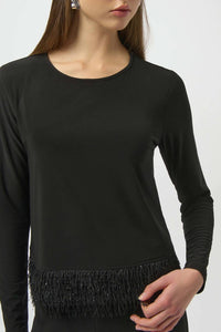 Joseph Ribkoff Silky Knit Top with Novelty Fringe Hem in black - women's long sleeve top - alternate view