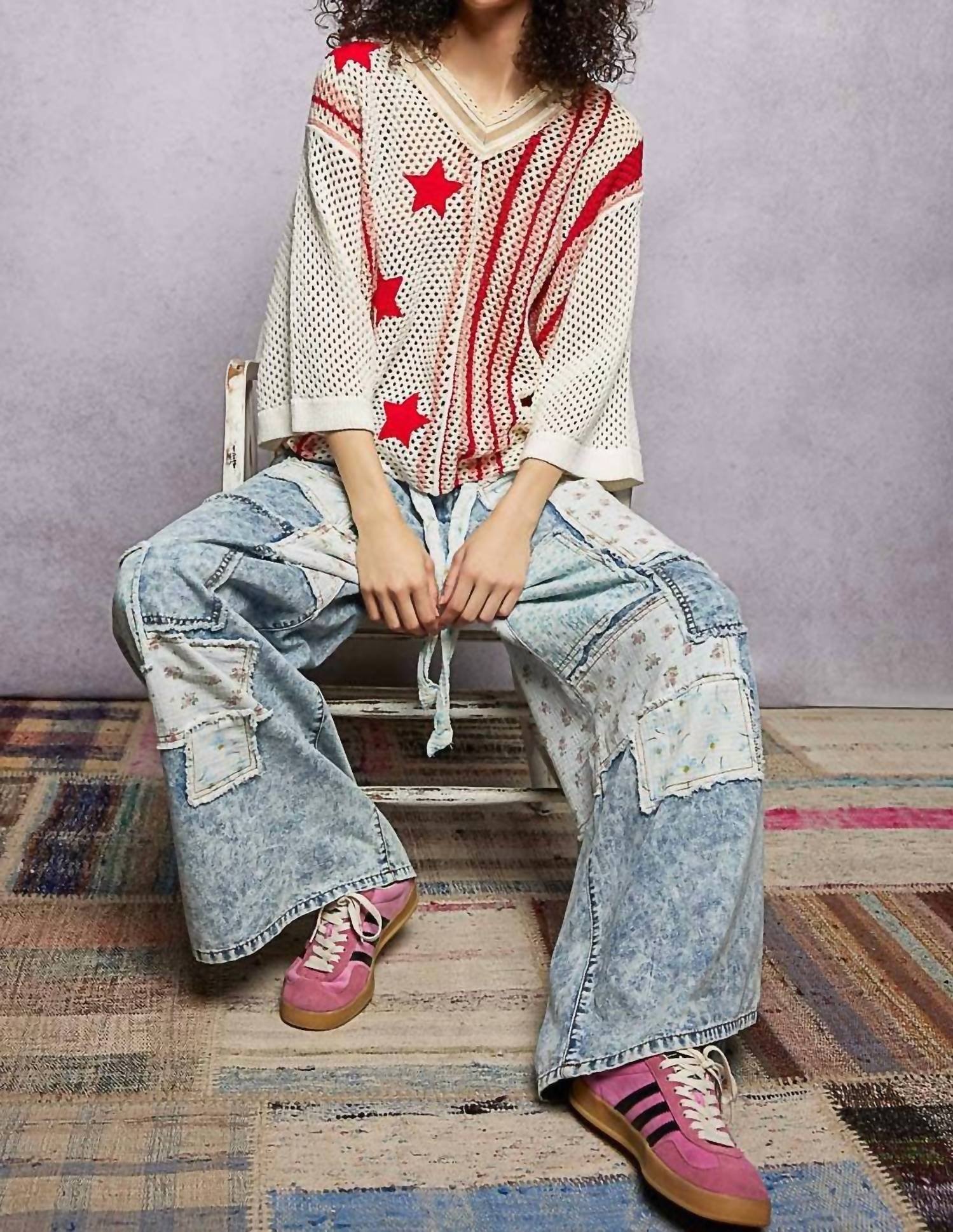 Pol - V-neck Half Sleeve Stripe Sweater Top