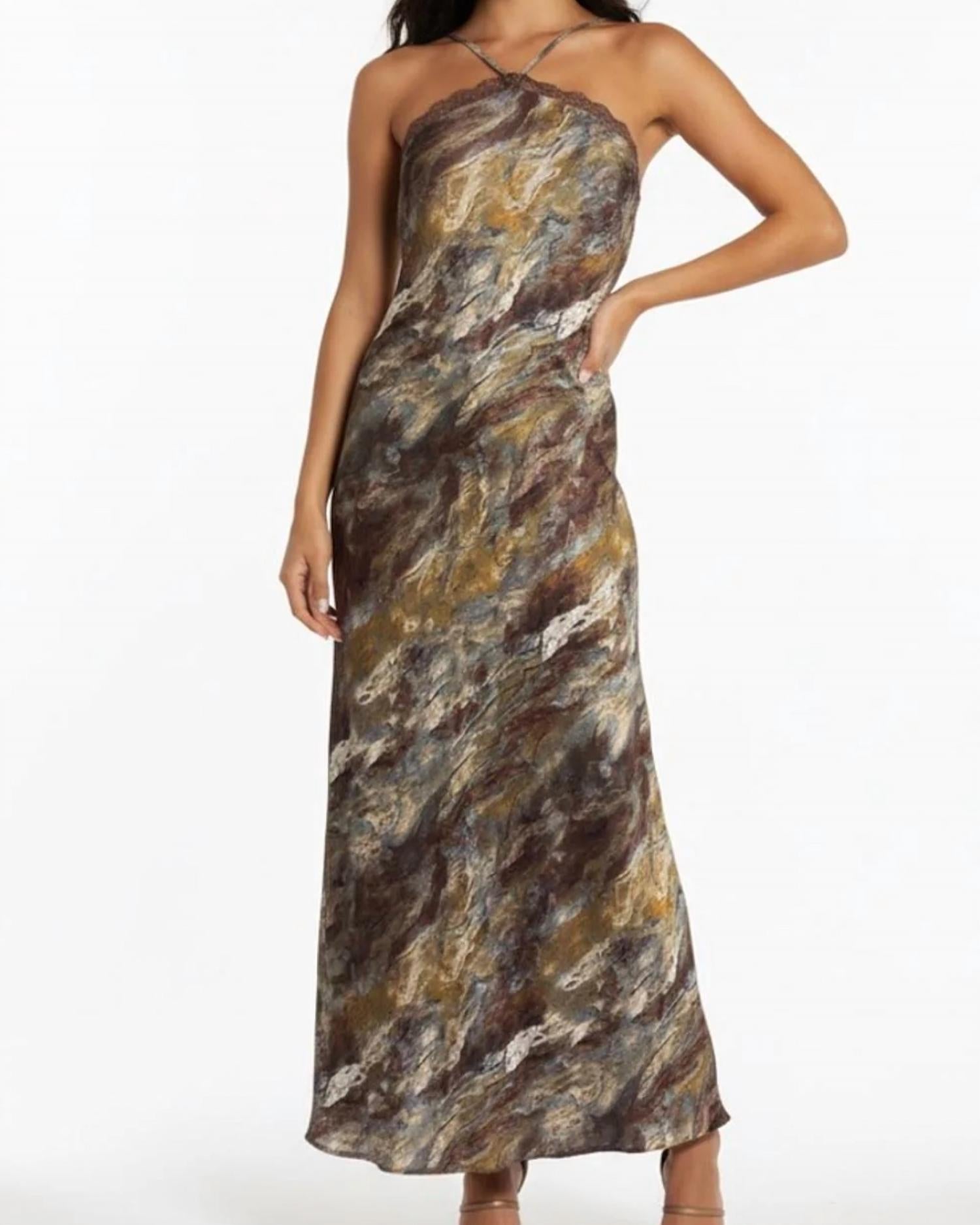1.STATE Chic Strapless Earth Tone Maxi Dress in brown - women's dress - detail view
