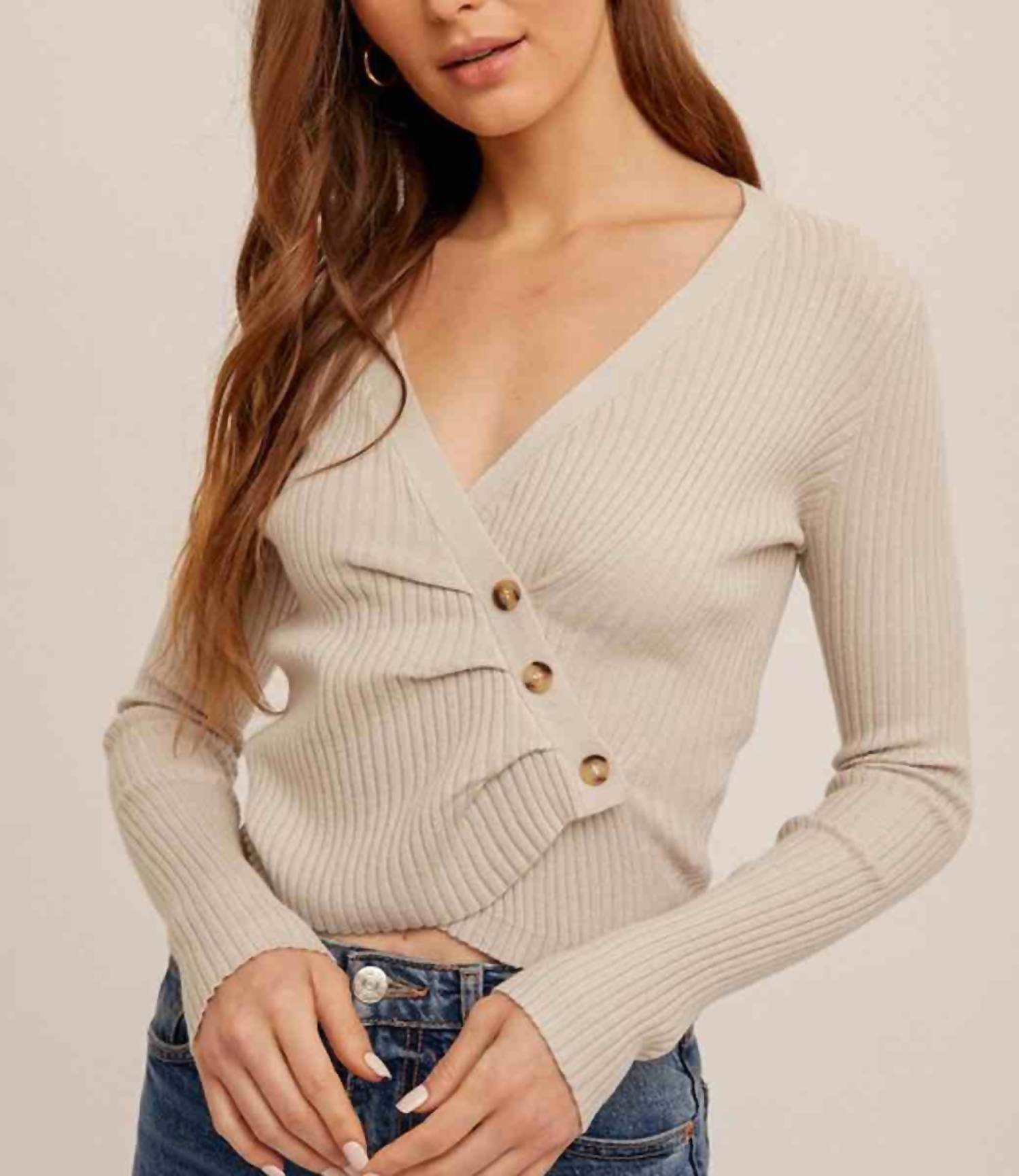 Hem & Thread - Asymmetrical Pleat Ribbed V Neck Top