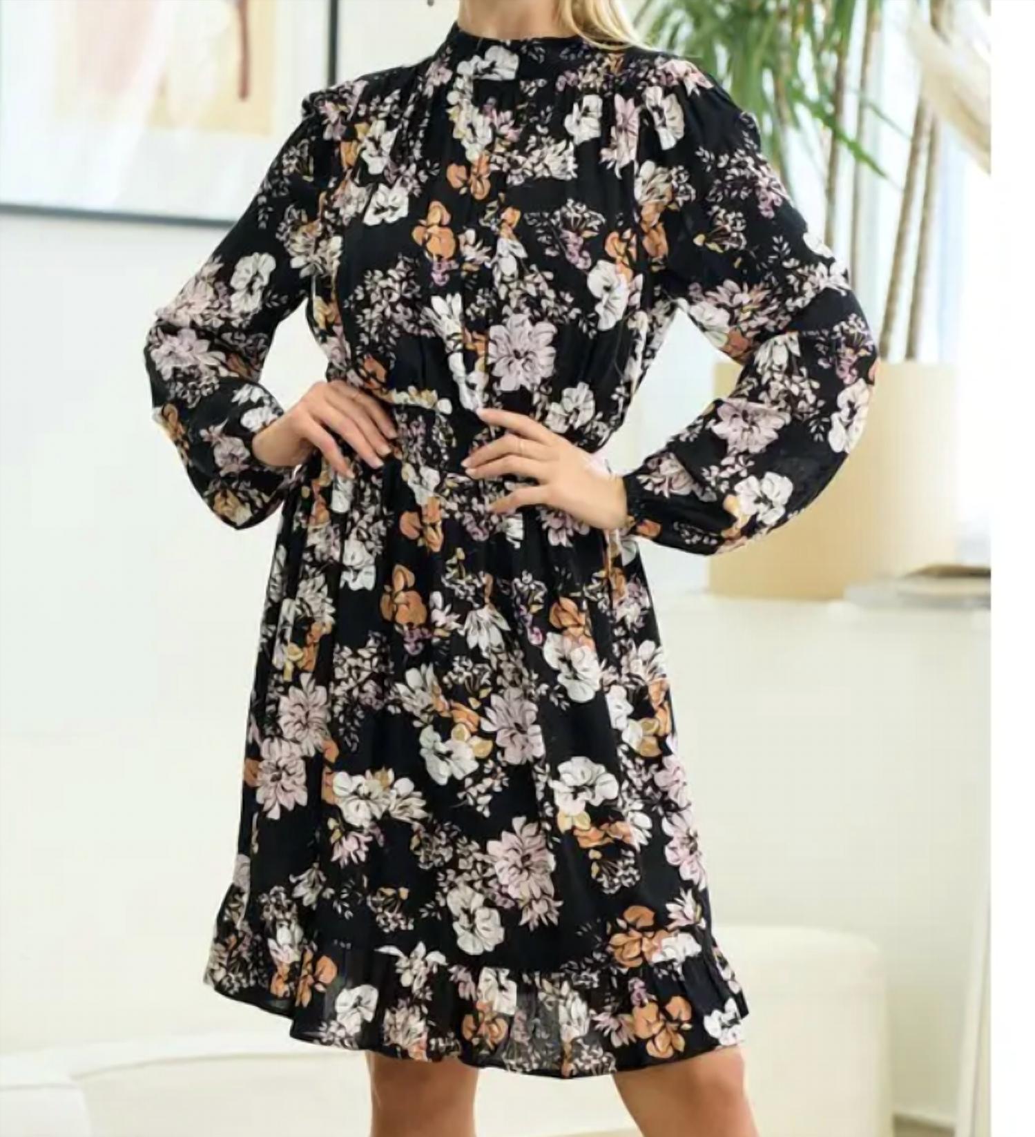 Doe and Rae Shirred Floral Dress in black - women's dress - detail view