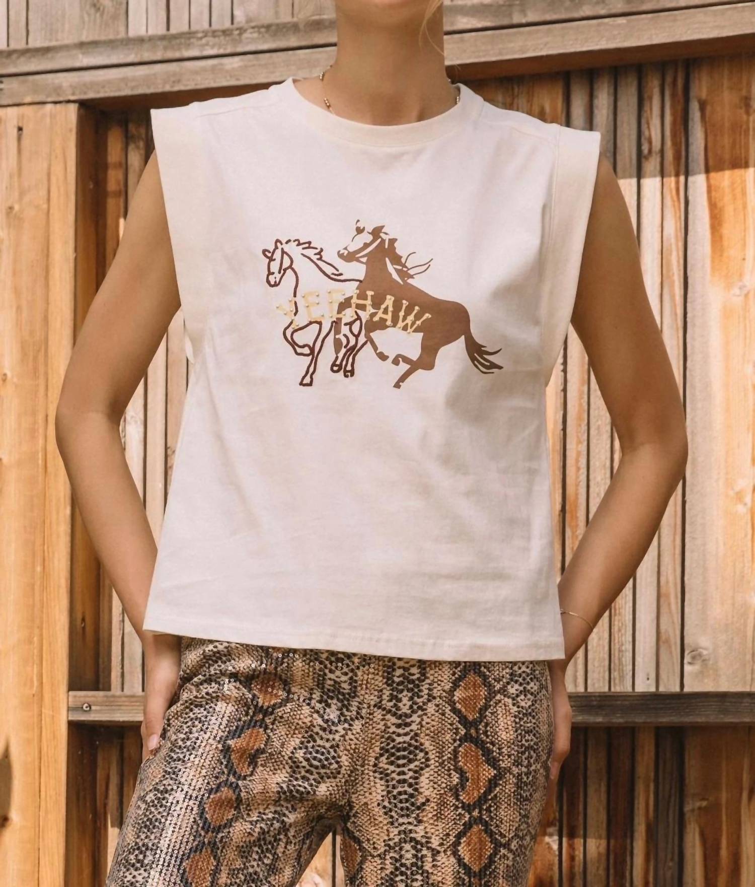 SKIES ARE BLUE Yeehaw Tank in beige - women's tank top