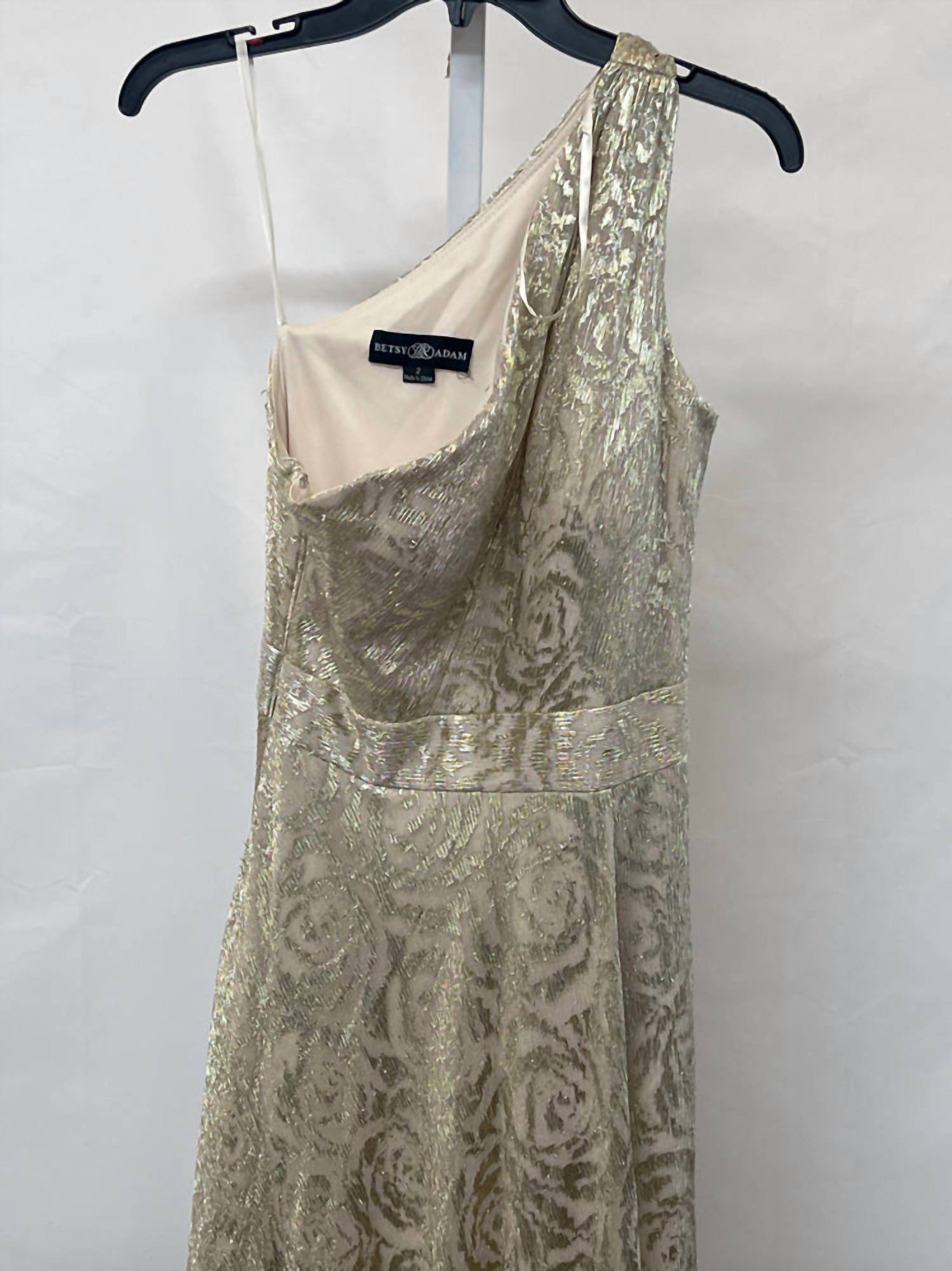 Betsy & Adam - One-shoulder Wrap Foil Floral Gown