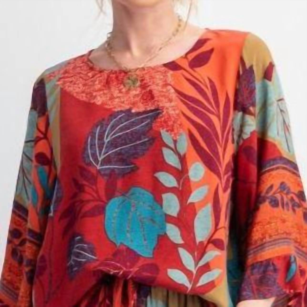 Easel Border Printed Rayon Challis Woven Top in rust teal - women's blouse