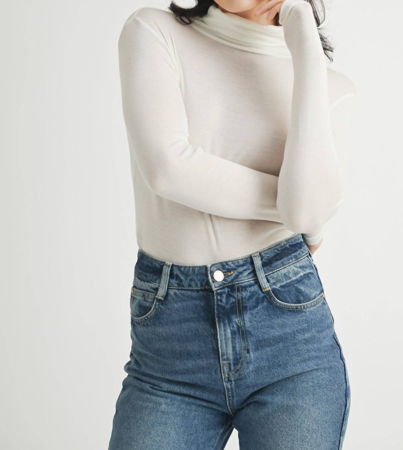 Fun 2 Fun Basic Turtleneck Knit Top in ivory - women's long sleeve top - detail view