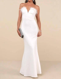 Lulus - Extraordinary Glam Feather Strapless Mermaid Maxi Dress