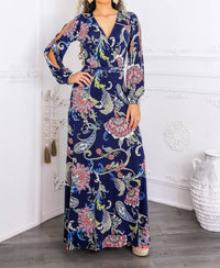 Surelymine - Paisley Cutout Maxi Dress With Long Sleeves
