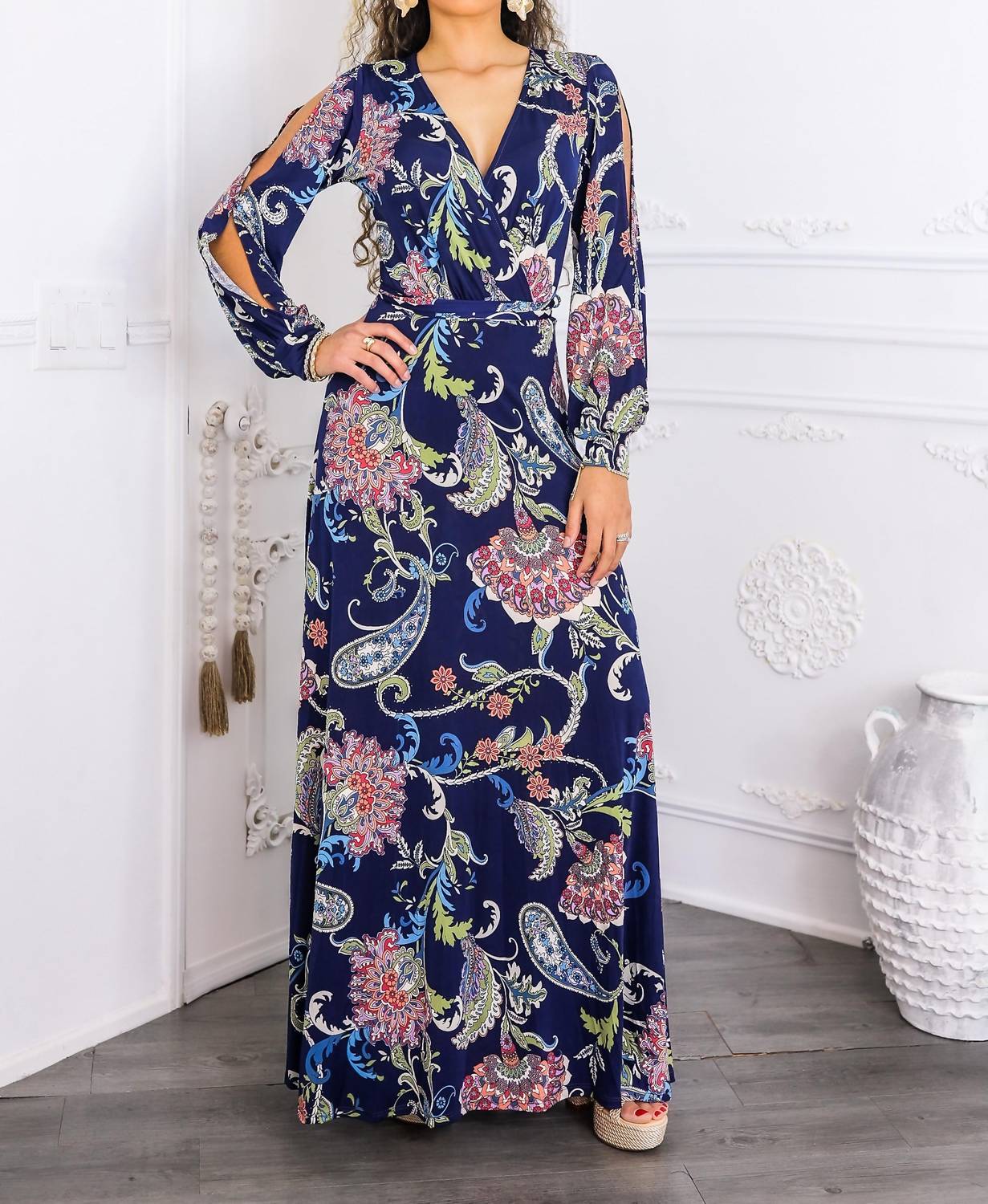 Surelymine - Paisley Cutout Maxi Dress With Long Sleeves