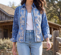 Karen Kane - Ruched Sleeve Border Print Shirt
