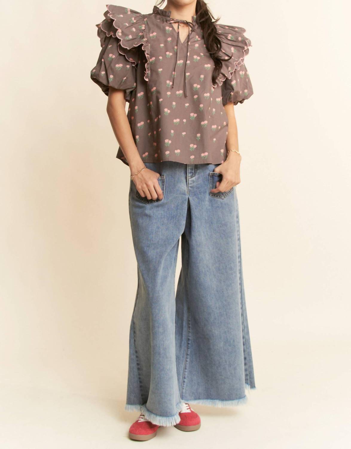 Davi & Dani - Contrast Edge Ruffle Puff Sleeve Blouse Top