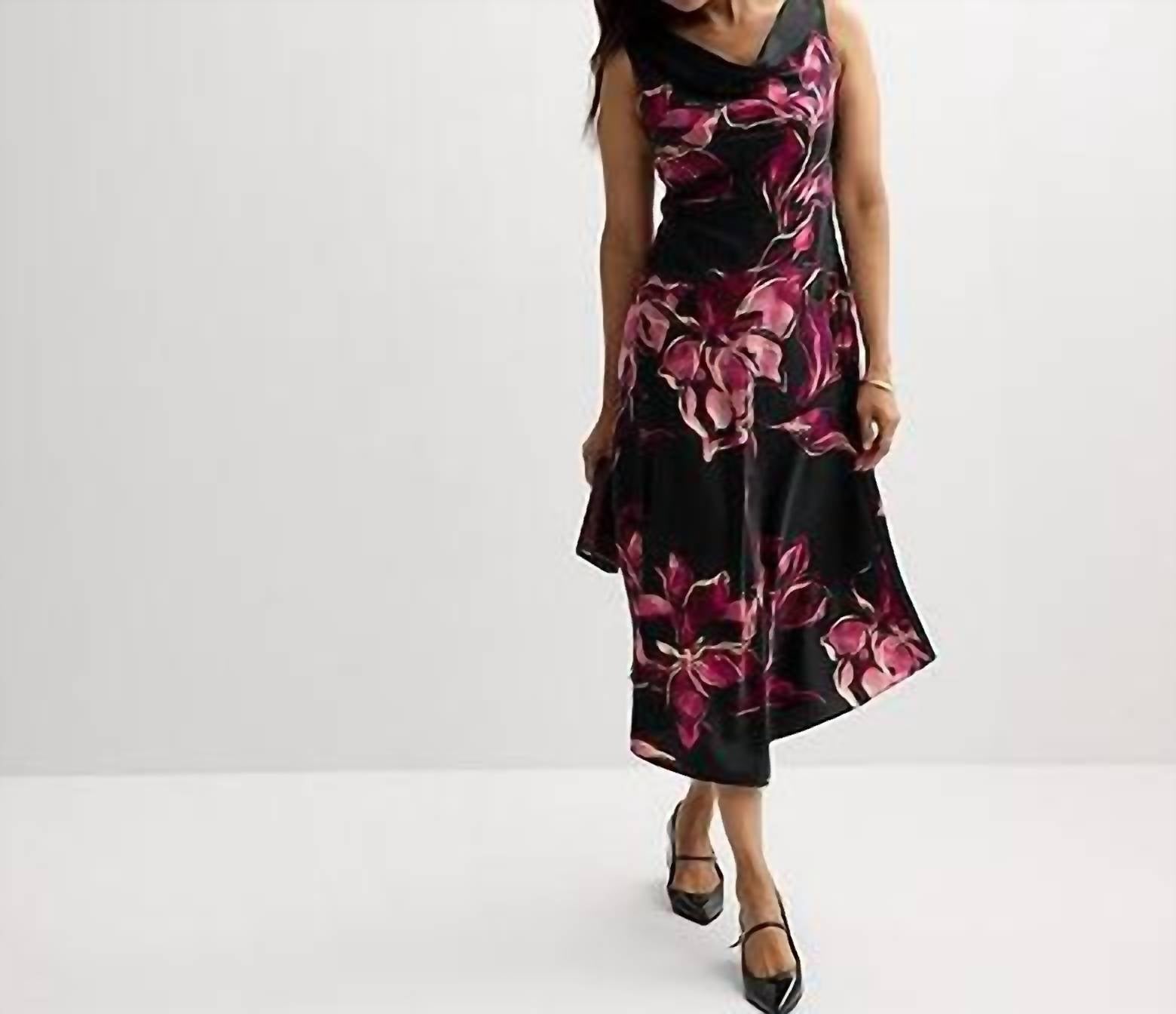Signature Studio Drape Neck High-low Stain Midi Dress in black - women's dress - alternate view