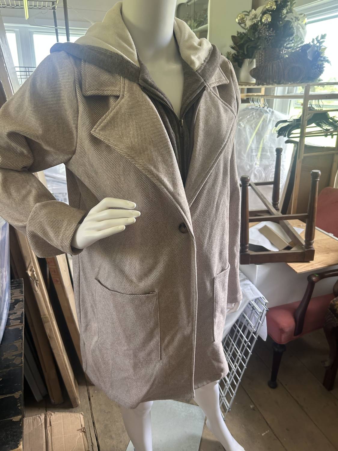 Hem & Thread - Women's Faux Hoodie Insert Herringbone Towfer Coat