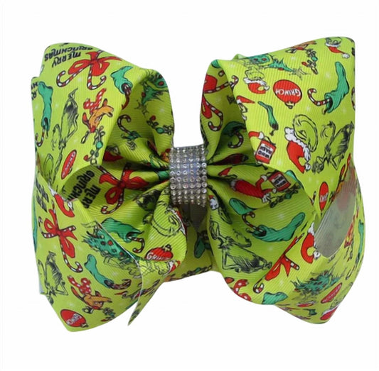 Kidscharm - Grinch Print Hair Bow with Rhinestone Center