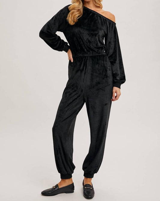Bluivy - Velvet One Shoulder Boat Neck Jumpsuit