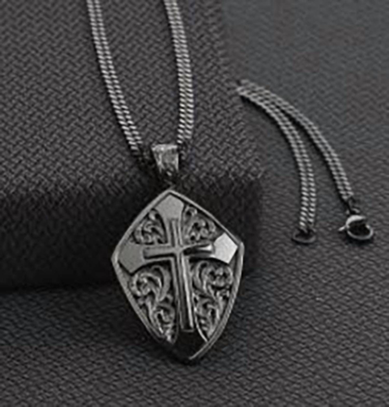 Twister Men's Shield Cross Necklace in silver - men's jewelry - detail view