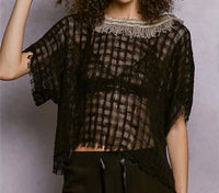 Pol - Textured Raw Hem Round Neck Short Sleeve Top