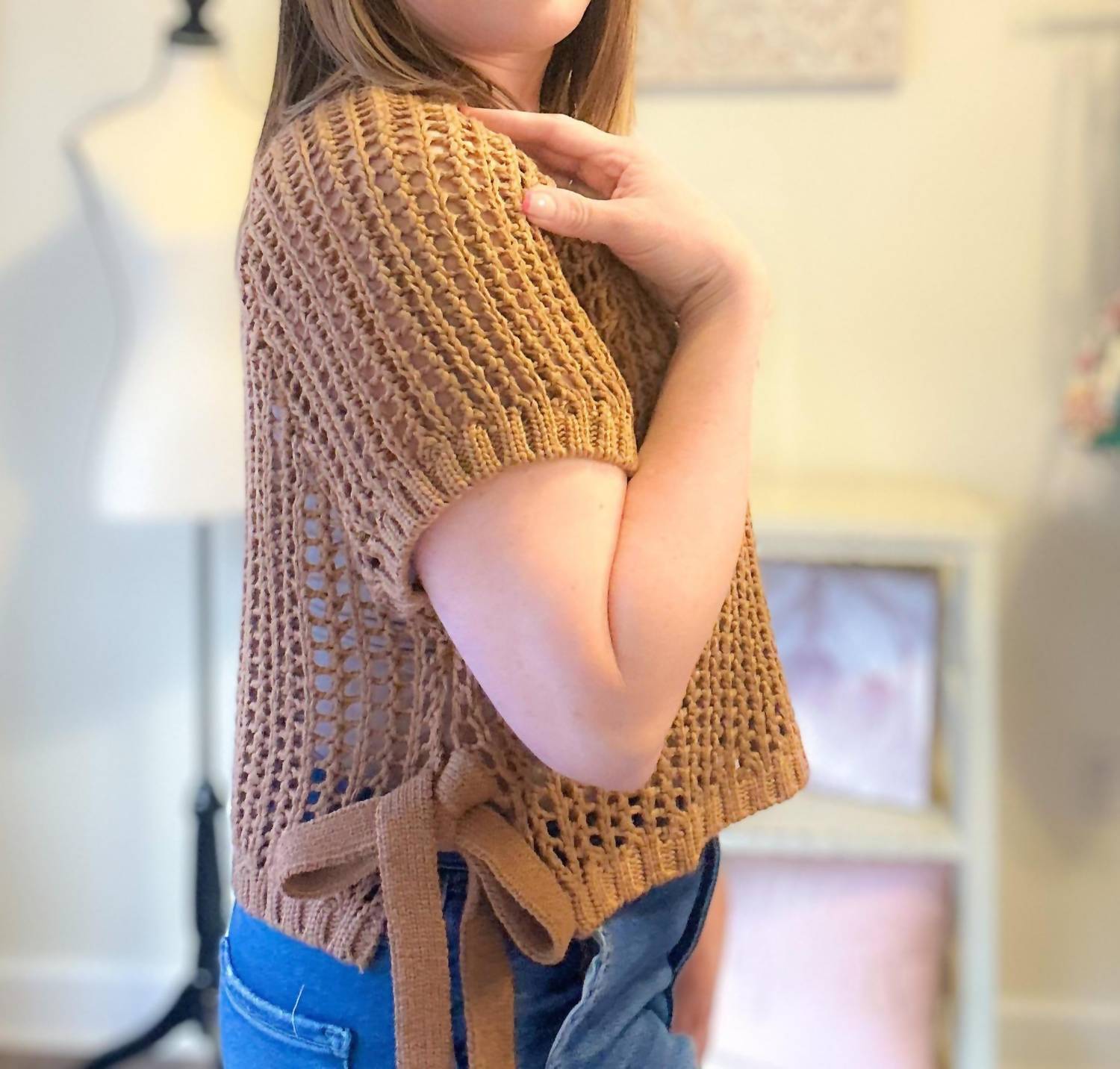 Heyson Crochet Knit Top with Side Ties in copper - women's sweater - detail view
