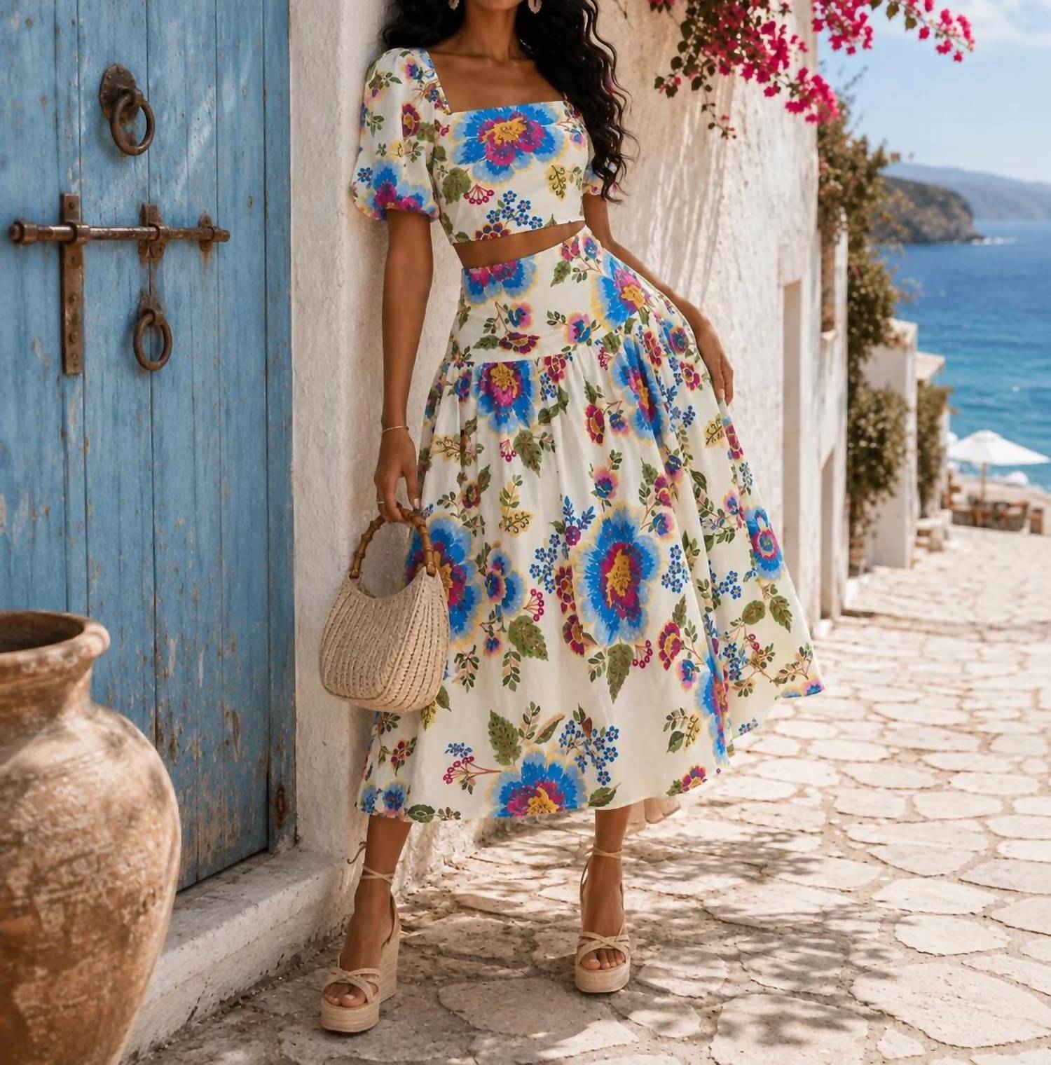 Little Secret Of Mine - Floral Crop Top And Midi Skirt Set