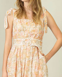 Heyson - Linen Print Crochet Trim and Pleated Belt Mini Dress
