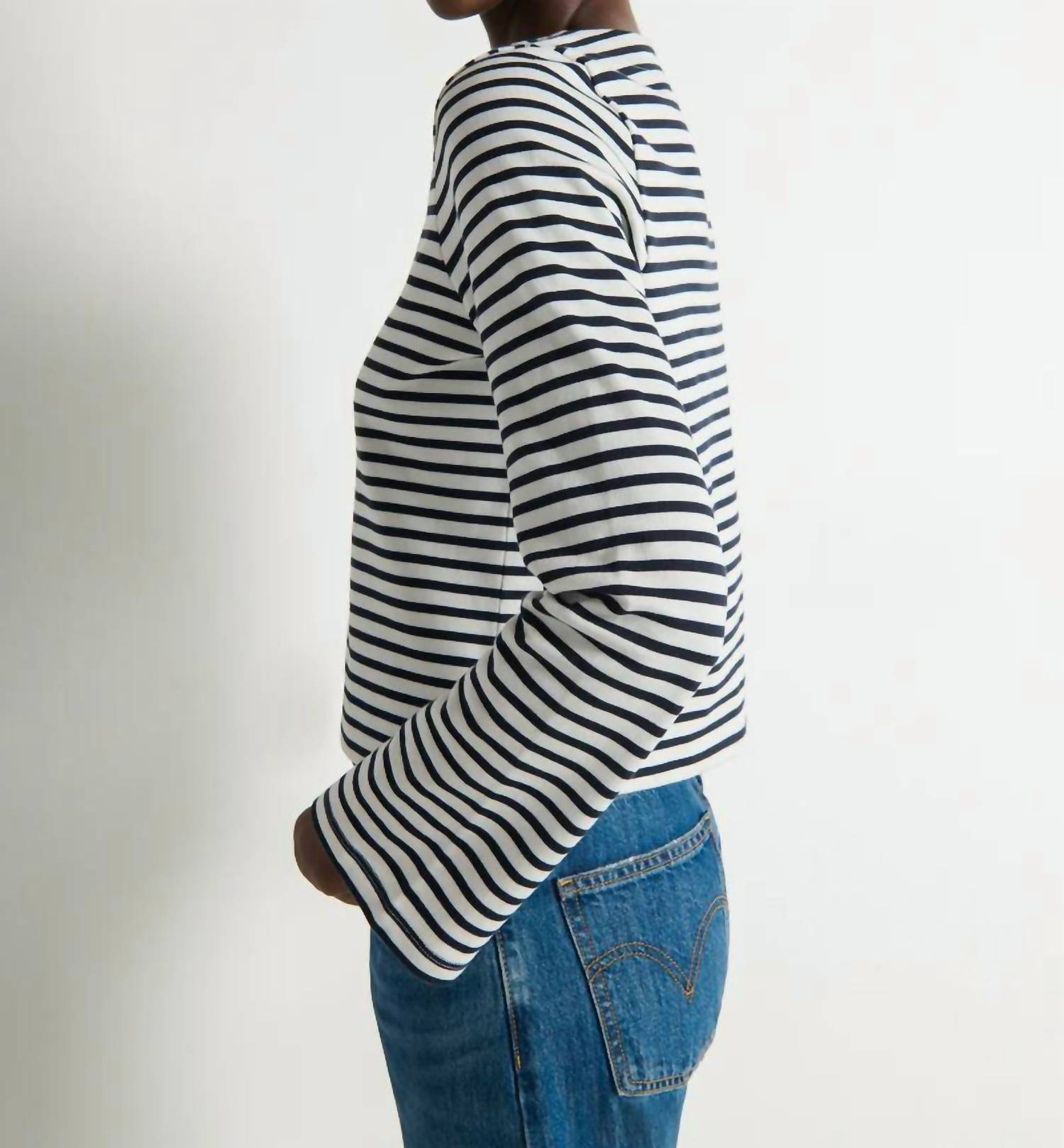 Nation LTD Silvia Bracelet Long Sleeve Top in navy breton stripe - women's long sleeve top - detail view