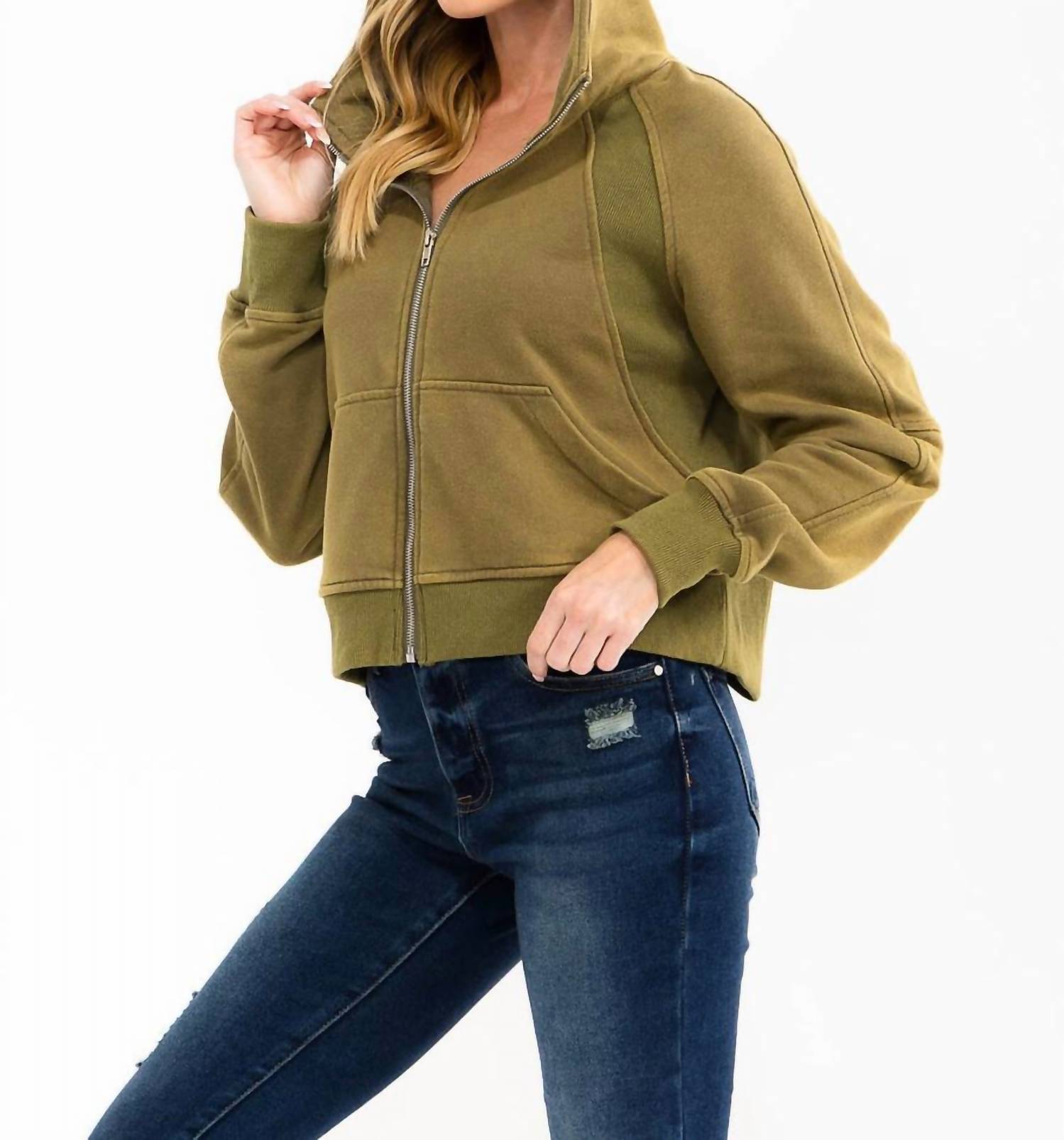 SurelyMine Canyon Vintage Cropped Zip Hoodie in olive - women's top - detail view
