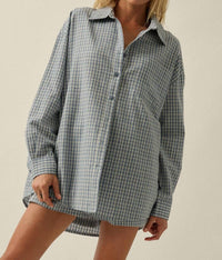 PROMESA Plaid Textured Seersucker Oversize Button-up Pocket Shirt in chambray - women's shirt - detail view